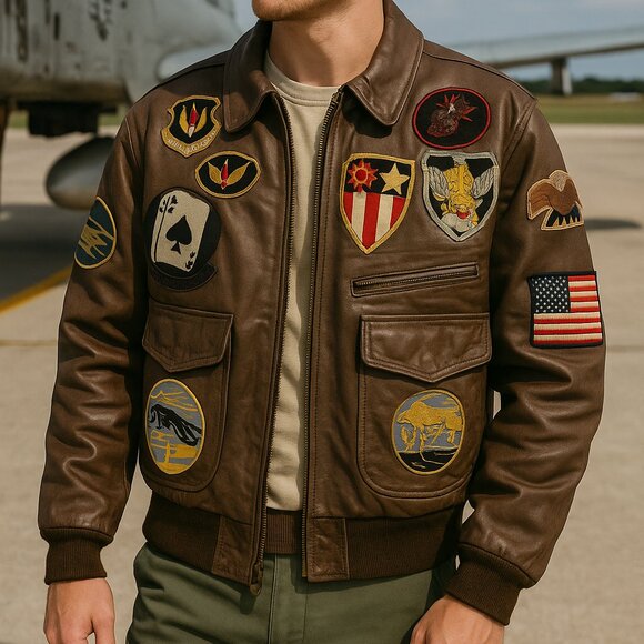 Vintage 80s Excelled Leather Bomber Jacket Patched Top Gun Flight A-2 Map Lining - Picture 1 of 12